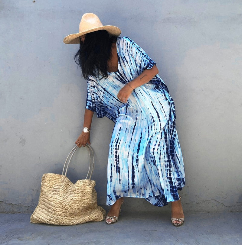 Beach Dress, Maxi Boho Dress, Kaftan Dress, Jose Tie Dye Print in Navy and Black