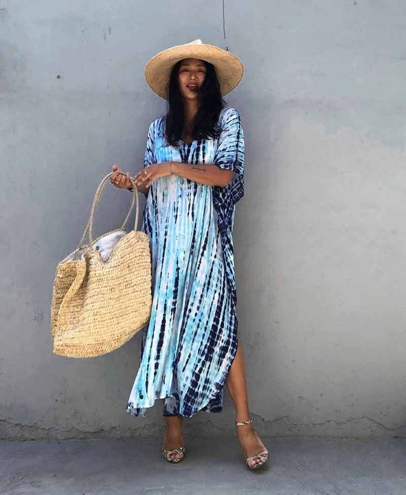 Beach Dress, Maxi Boho Dress, Kaftan Dress, Jose Tie Dye Print in Navy and Black