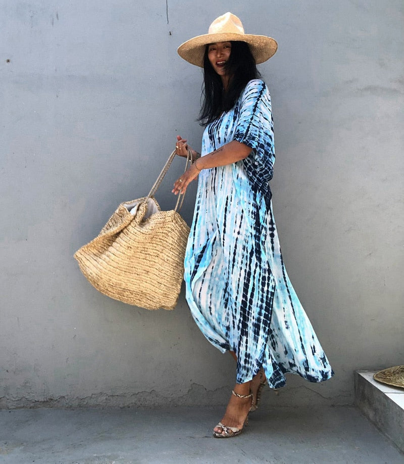 Beach Dress, Maxi Boho Dress, Kaftan Dress, Jose Tie Dye Print in Navy and Black