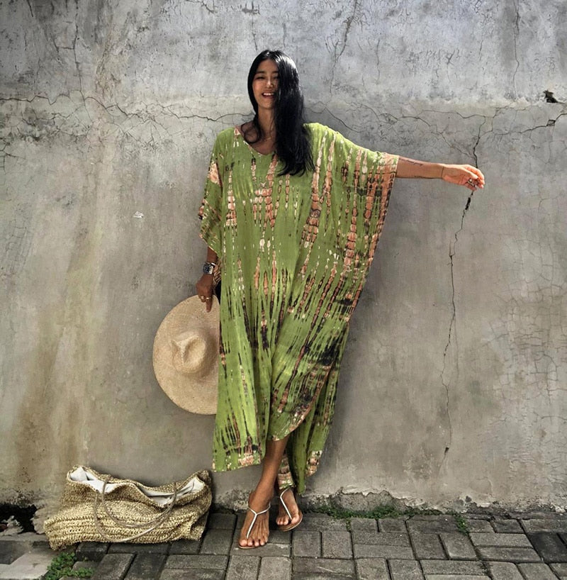 Beach Dress, Maxi Boho Dress, Kaftan Dress, Jose Tie Dye Print in Green