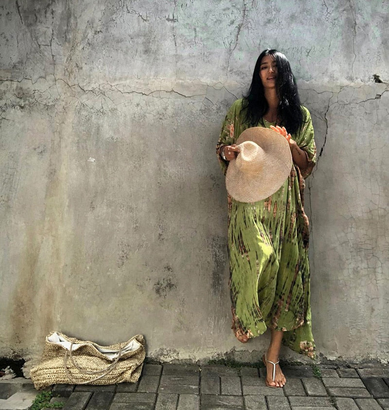 Beach Dress, Maxi Boho Dress, Kaftan Dress, Jose Tie Dye Print in Green