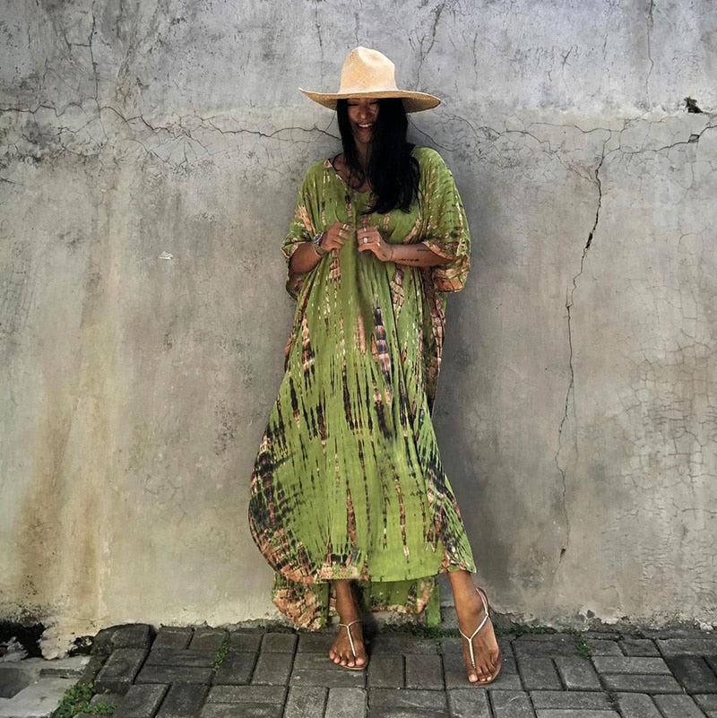 Beach Dress, Maxi Boho Dress, Kaftan Dress, Jose Tie Dye Print in Green