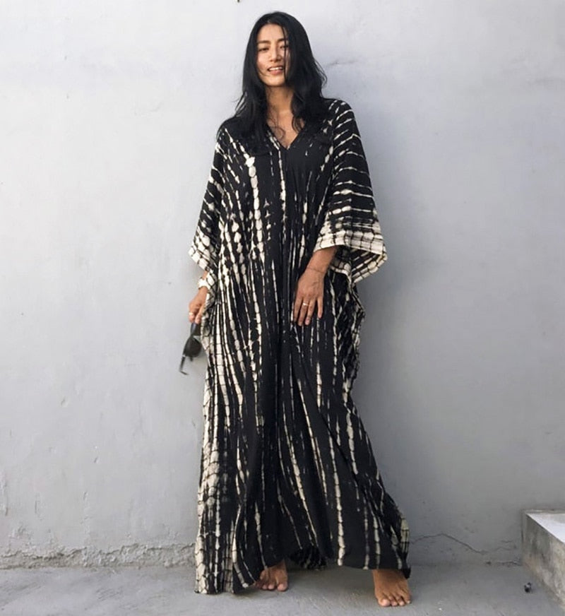 Beach Dress, Maxi Boho Dress, Kaftan Dress, Jose Tie Dye Print in Navy and Black