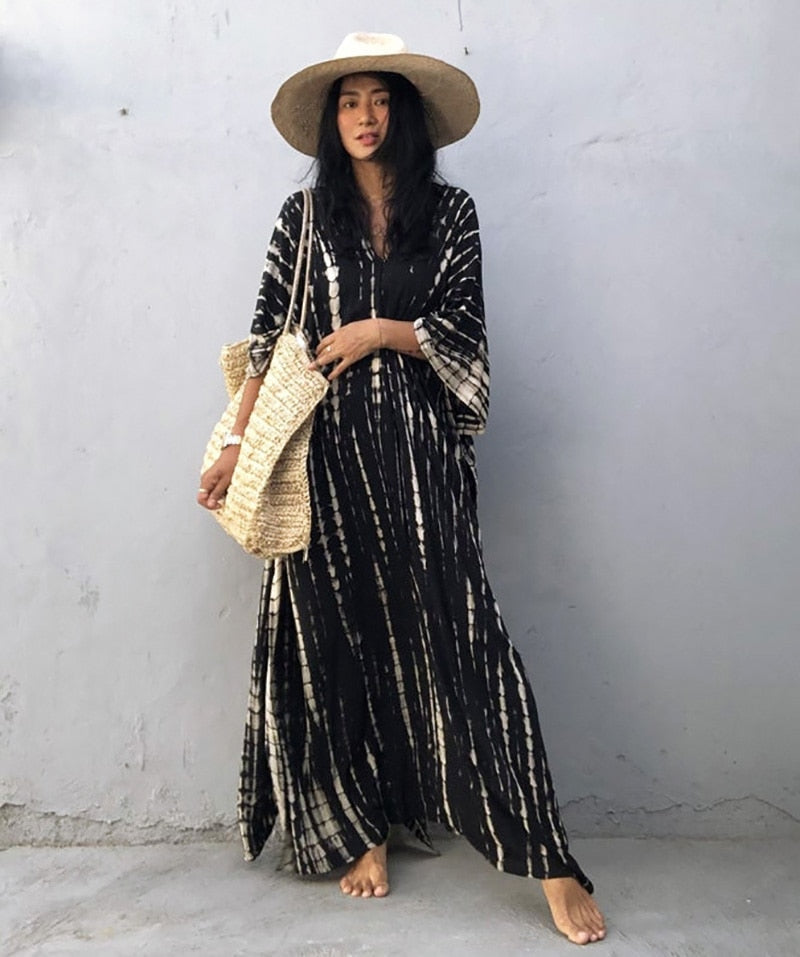 Beach Dress, Maxi Boho Dress, Kaftan Dress, Jose Tie Dye Print in Navy and Black