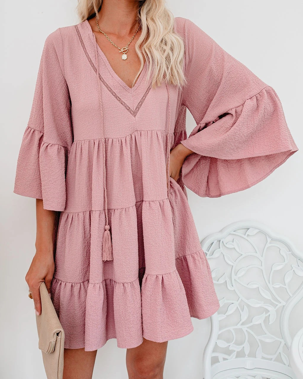 Boho Mini Dress Tunic Dress, Sundress, Julianna in Pink