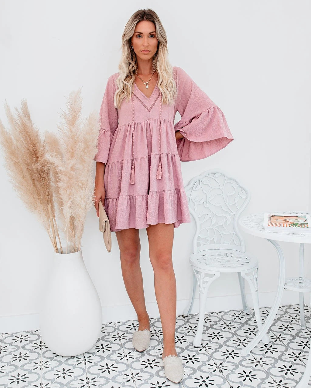 Boho Mini Dress Tunic Dress, Sundress, Julianna in Pink