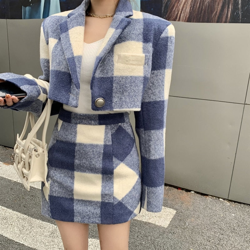 Zipper Patchwork Plaid High Waist Mini Skirts Students Preppy Cute  Korean Hot Summer Loose Sexy Elegant Woollen Sets