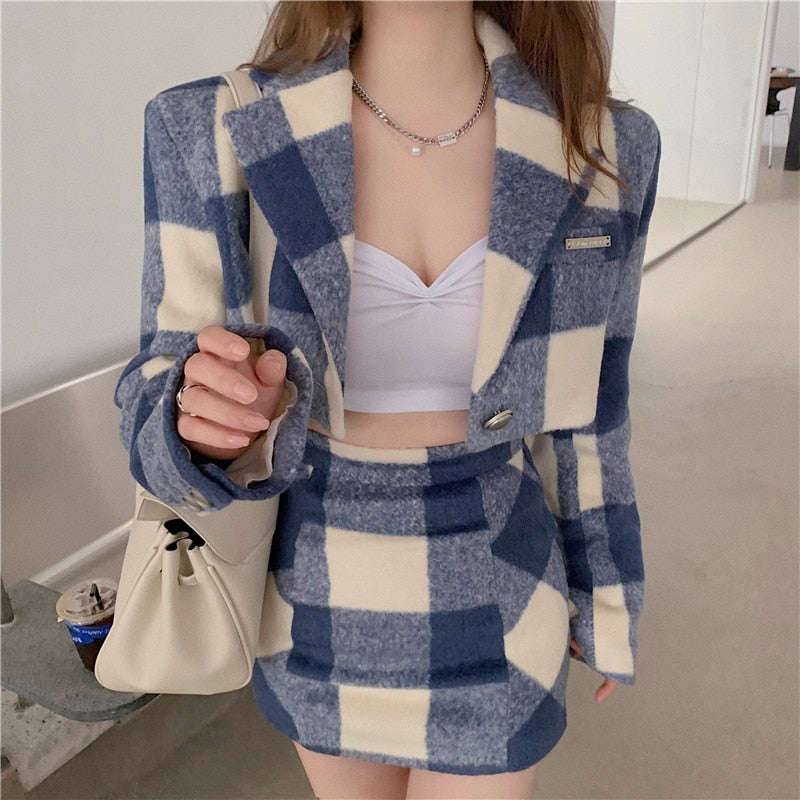 Zipper Patchwork Plaid High Waist Mini Skirts Students Preppy Cute  Korean Hot Summer Loose Sexy Elegant Woollen Sets