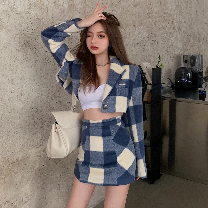 Zipper Patchwork Plaid High Waist Mini Skirts Students Preppy Cute  Korean Hot Summer Loose Sexy Elegant Woollen Sets