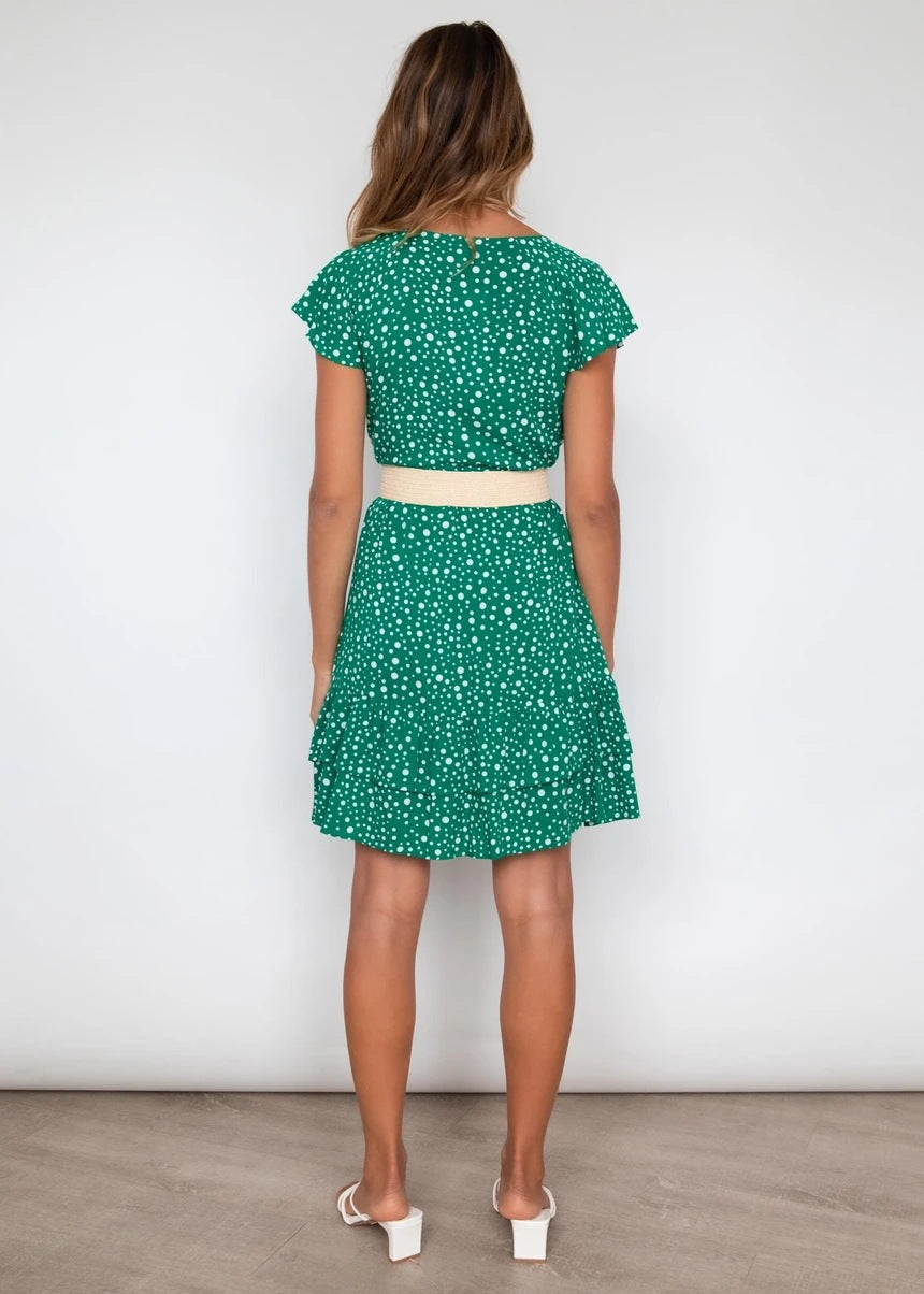 Boho Mini Dress Sundress, Green Polka Dot