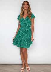 Boho Mini Dress Sundress, Green Polka Dot