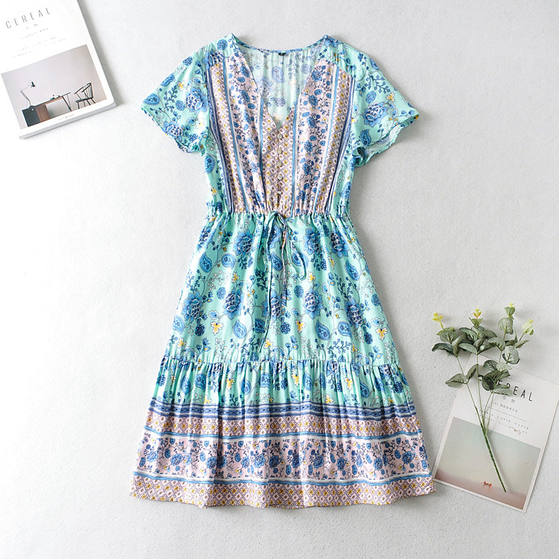 Boho Mini Dress Sundress, Blue Bell Flower