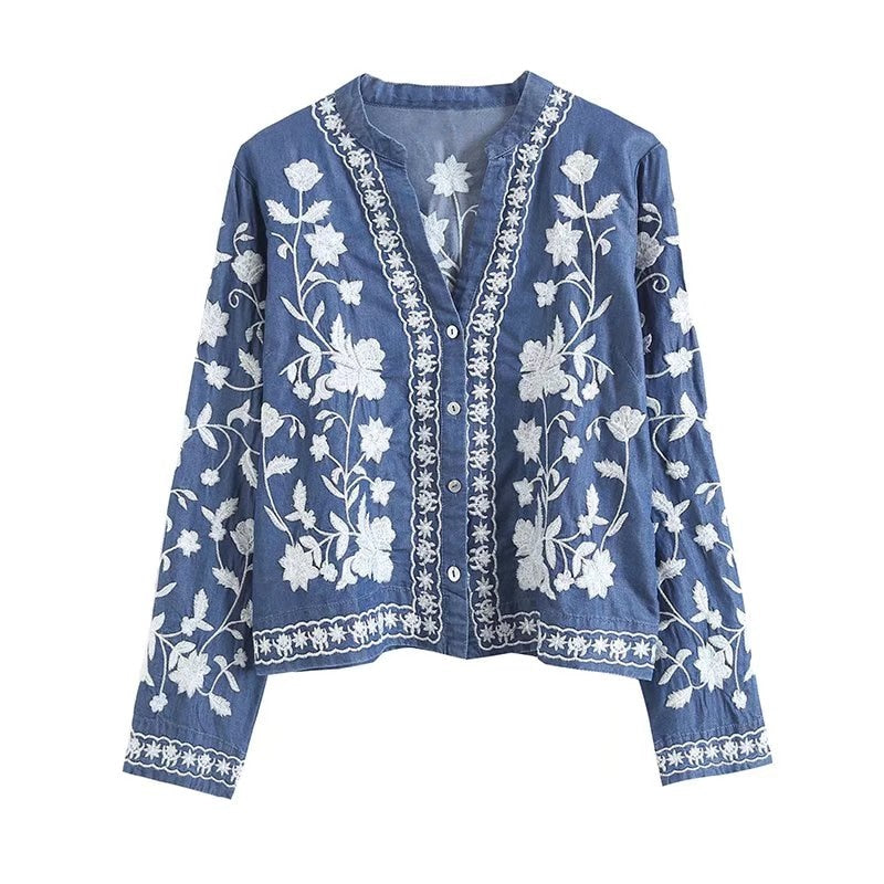 Boho Denim Jacket with Embroidered Flower