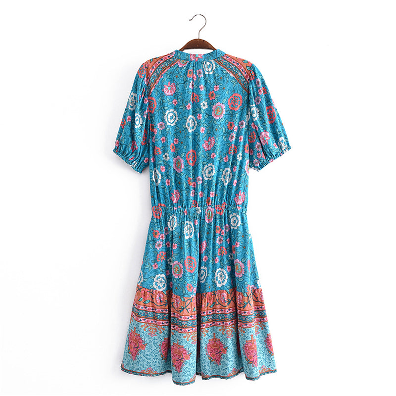 Boho Mini Dress Sundress, Blue and Red Rue