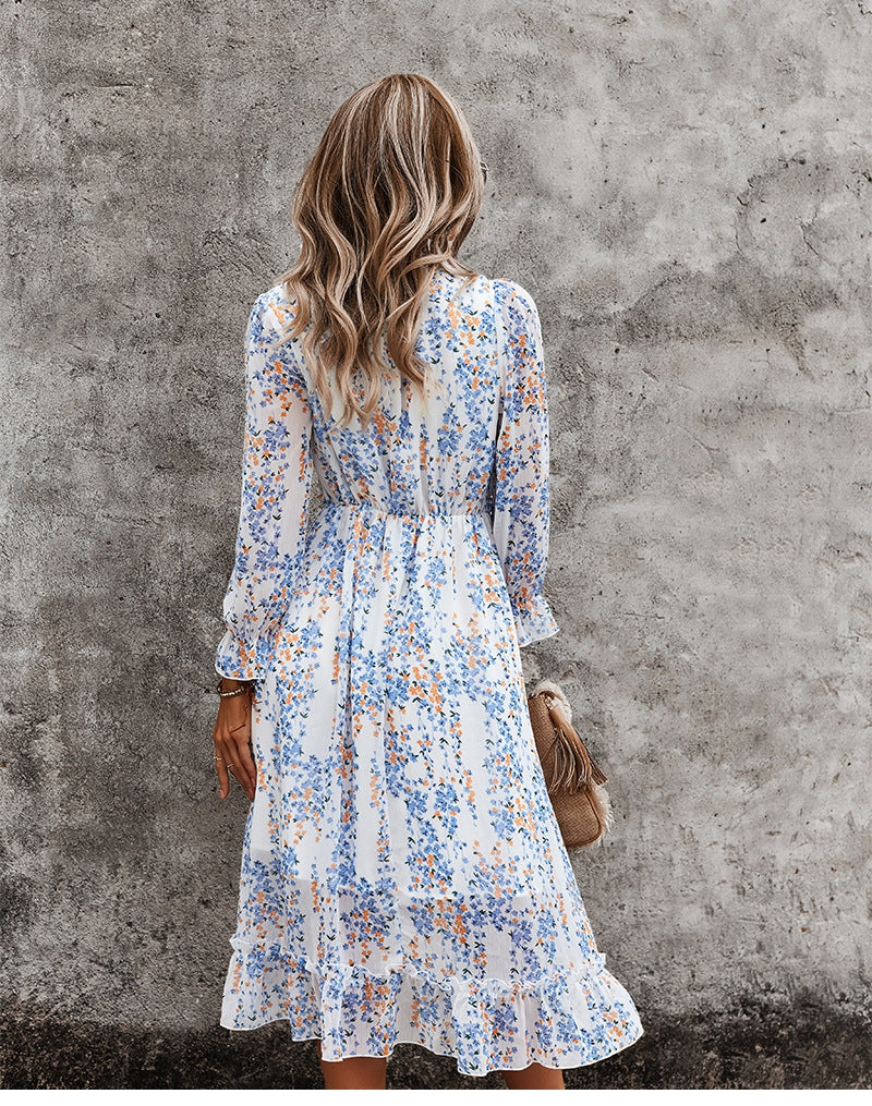 Boho Midi Dress, Ruffle Floral Lillian White