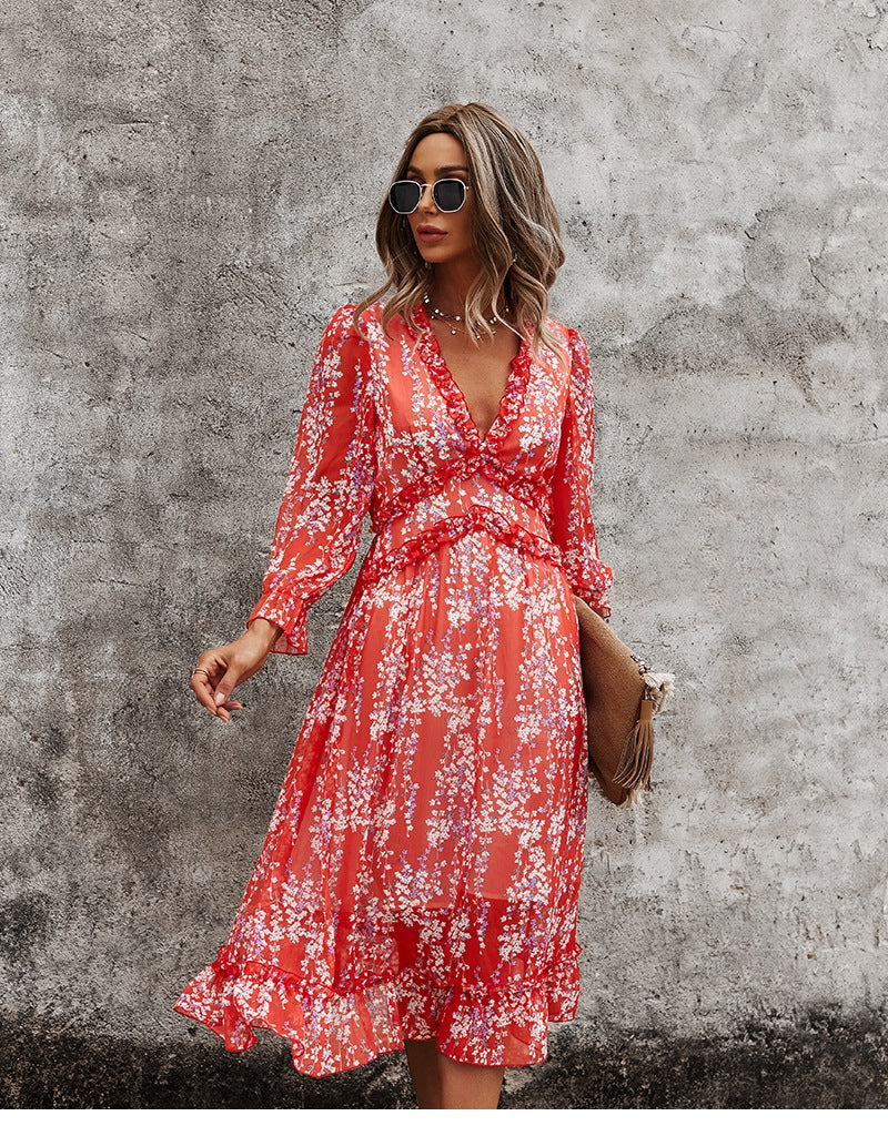 Boho Midi Dress, Ruffle Floral Lillian Red