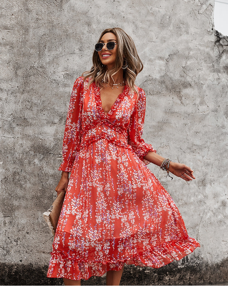 Boho Midi Dress, Ruffle Floral Lillian Red