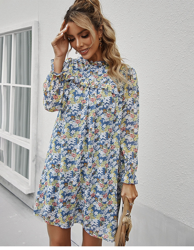 Boho Mini Dress Tunic Dress, Willow Floral in Blue