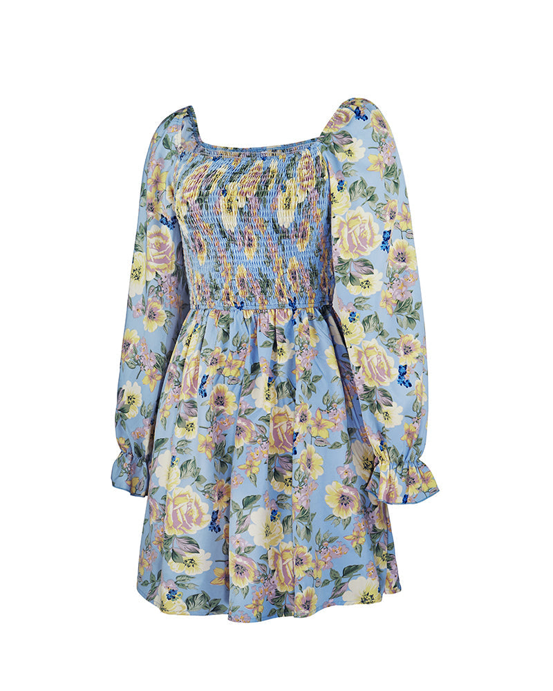 Boho Mini Dress Smock Dress,Stella Rose in Blue