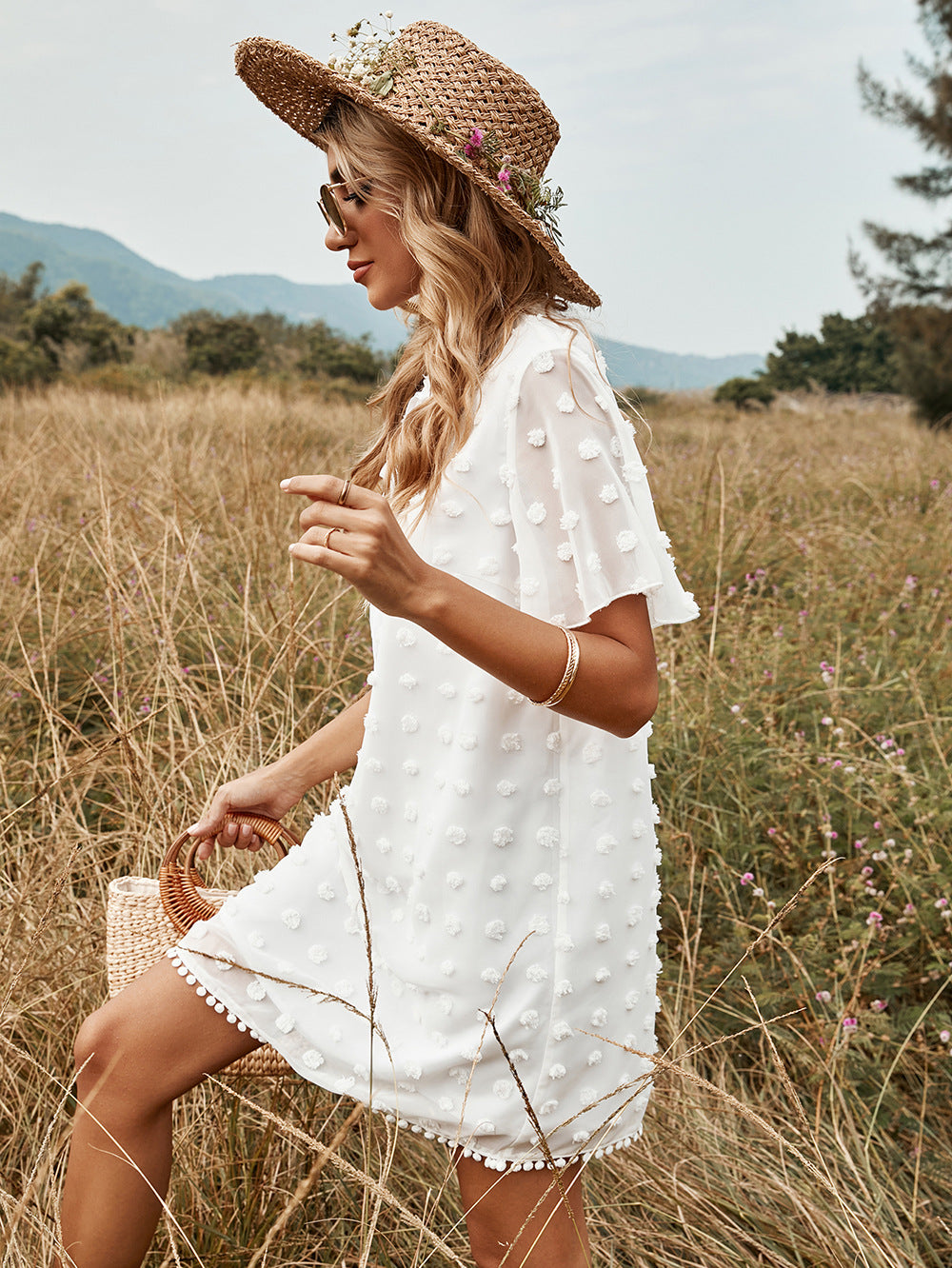 Boho Mini Dress Tunic Dress, White Dot