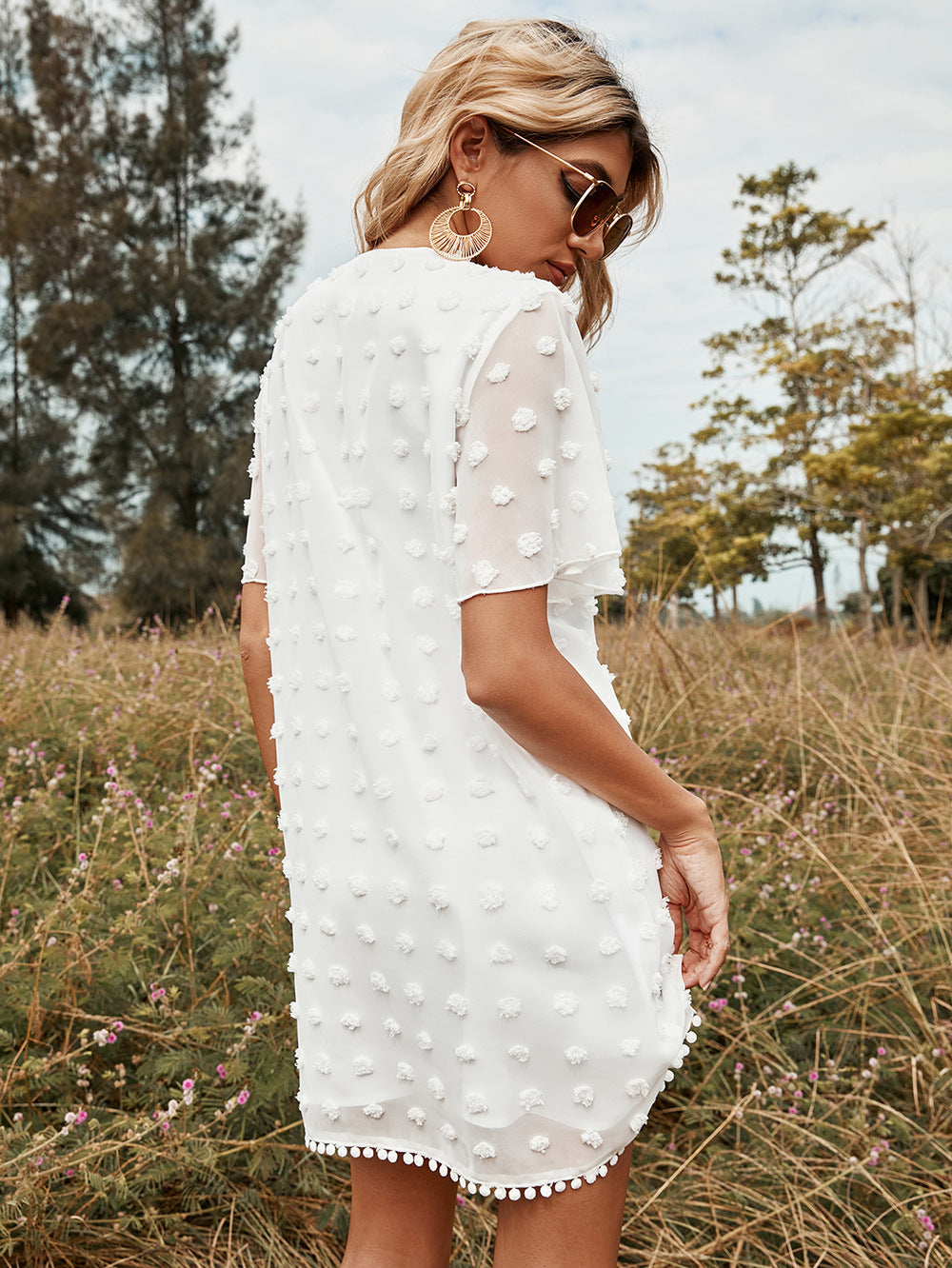 Boho Mini Dress Tunic Dress, White Dot