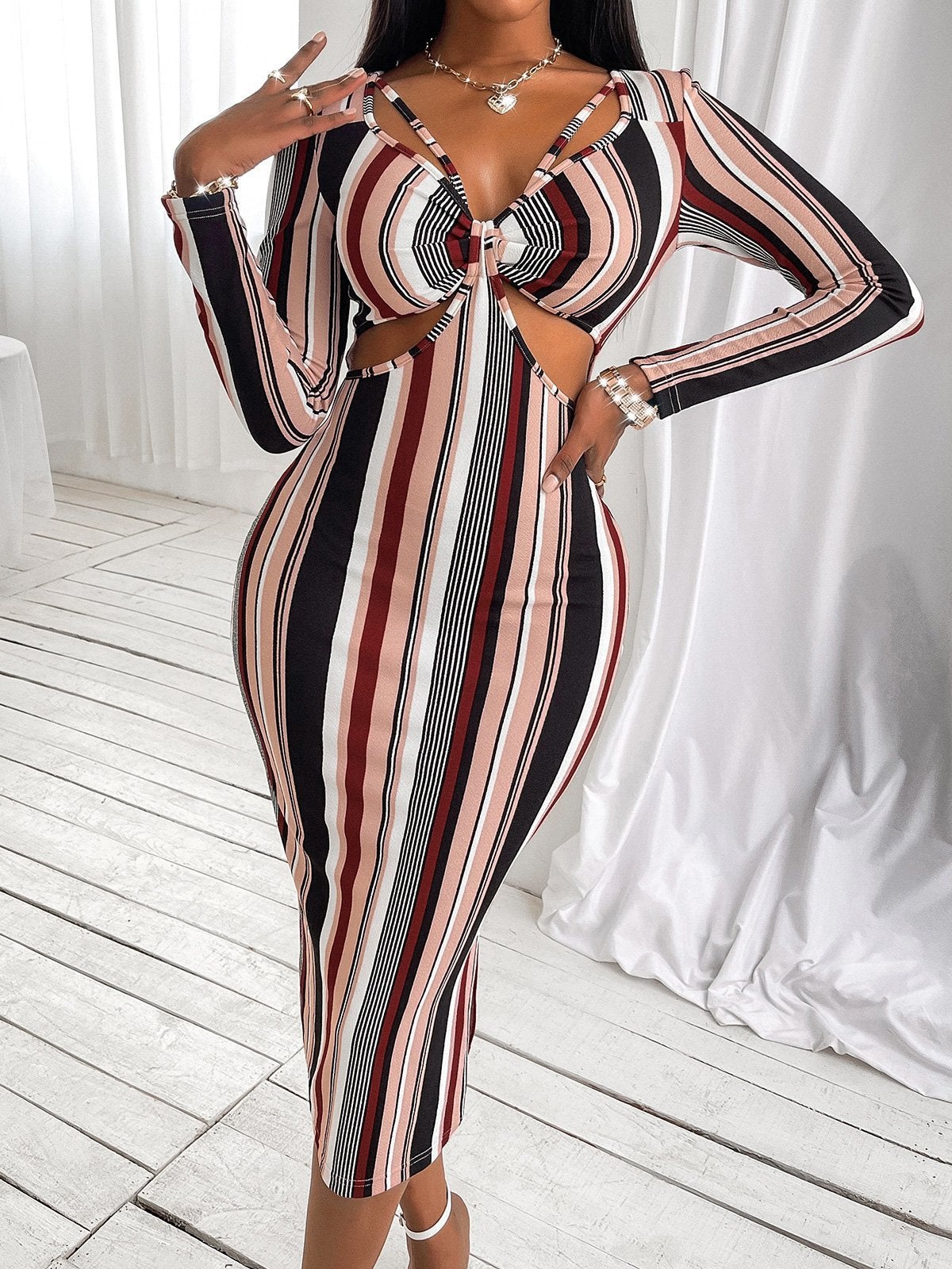 Women's Dresses Striped V-Neck Hollow Long Sleeve Dress