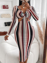 Women's Dresses Striped V-Neck Hollow Long Sleeve Dress