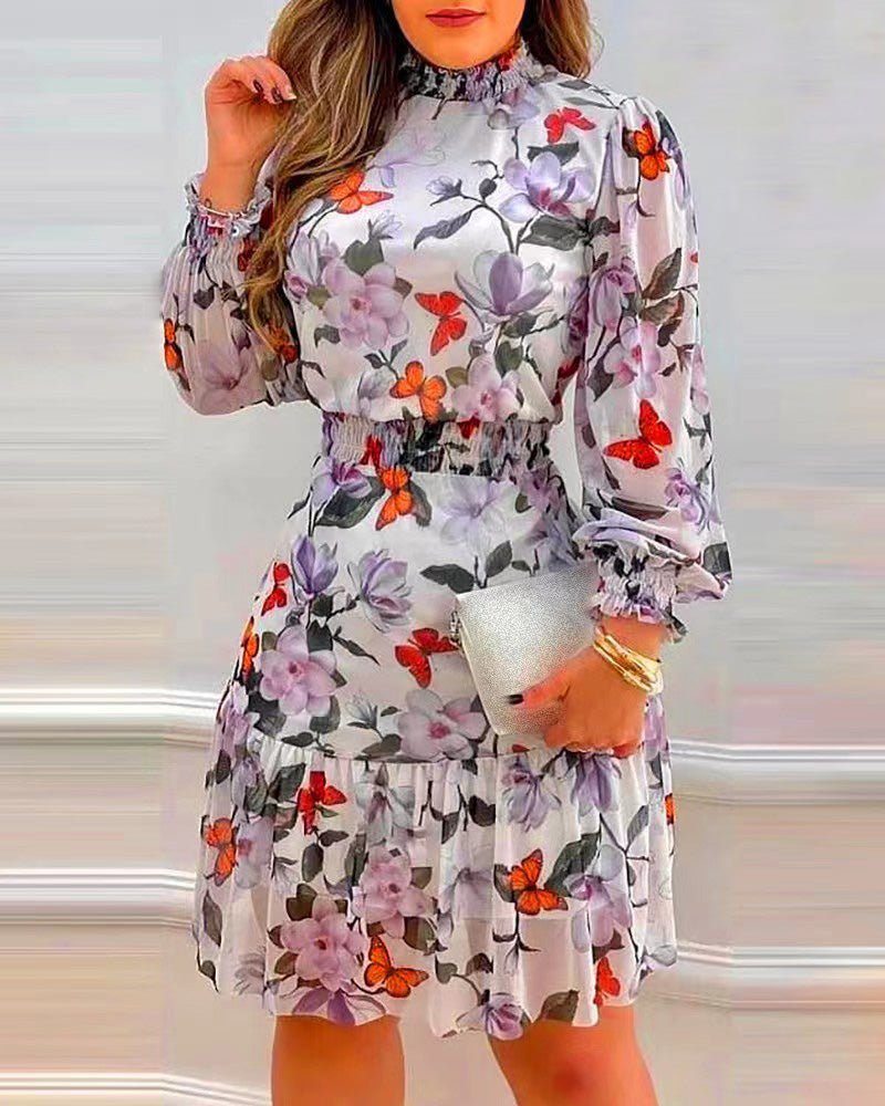 Women's Dresses Turtleneck Floral Print Elastic Waist Long Sleeve Dress