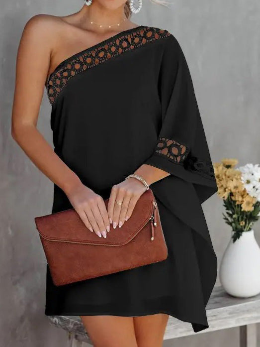 Women's Dresses Loose Solid One Shoulder Lace Panel Dress