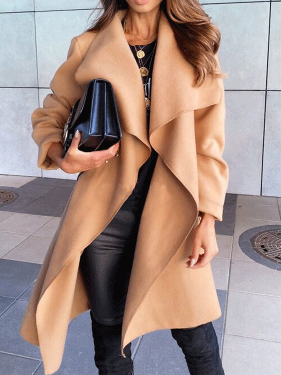 Women's Coats Solid Tie Long Sleeve Wool Coat