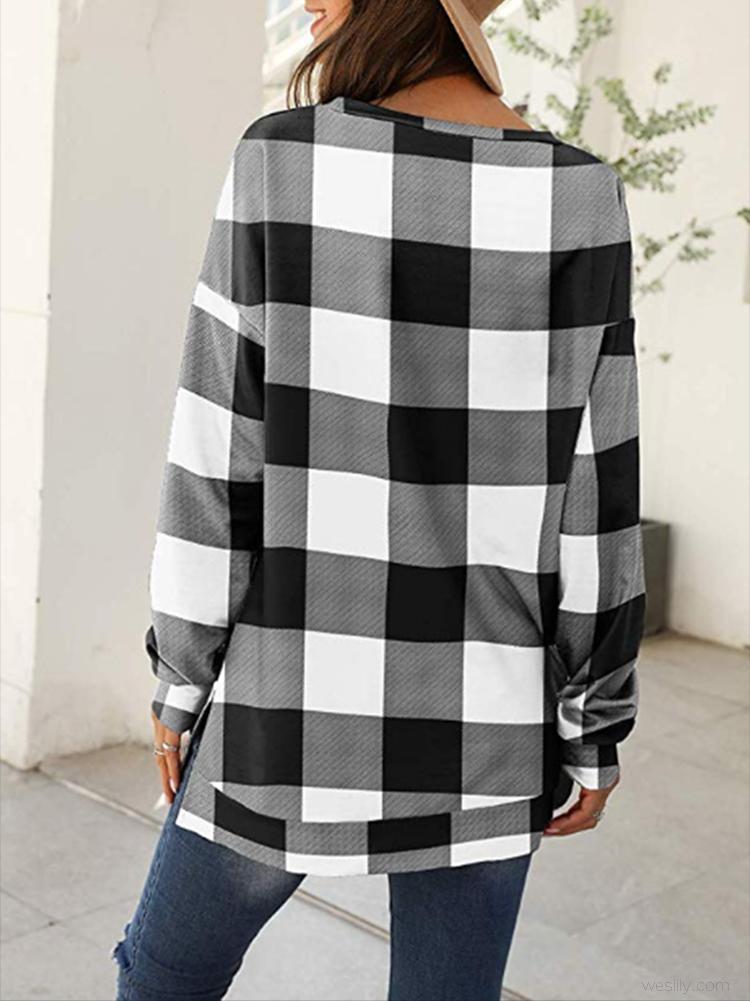 Long Sleeve Plaid Print Causal Tops