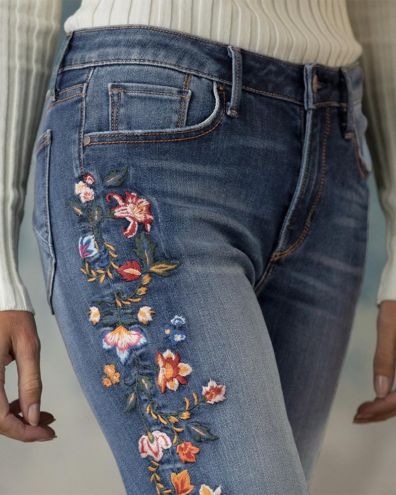 90s Vintage Floral Embroidery Side Straight Leg Jeans