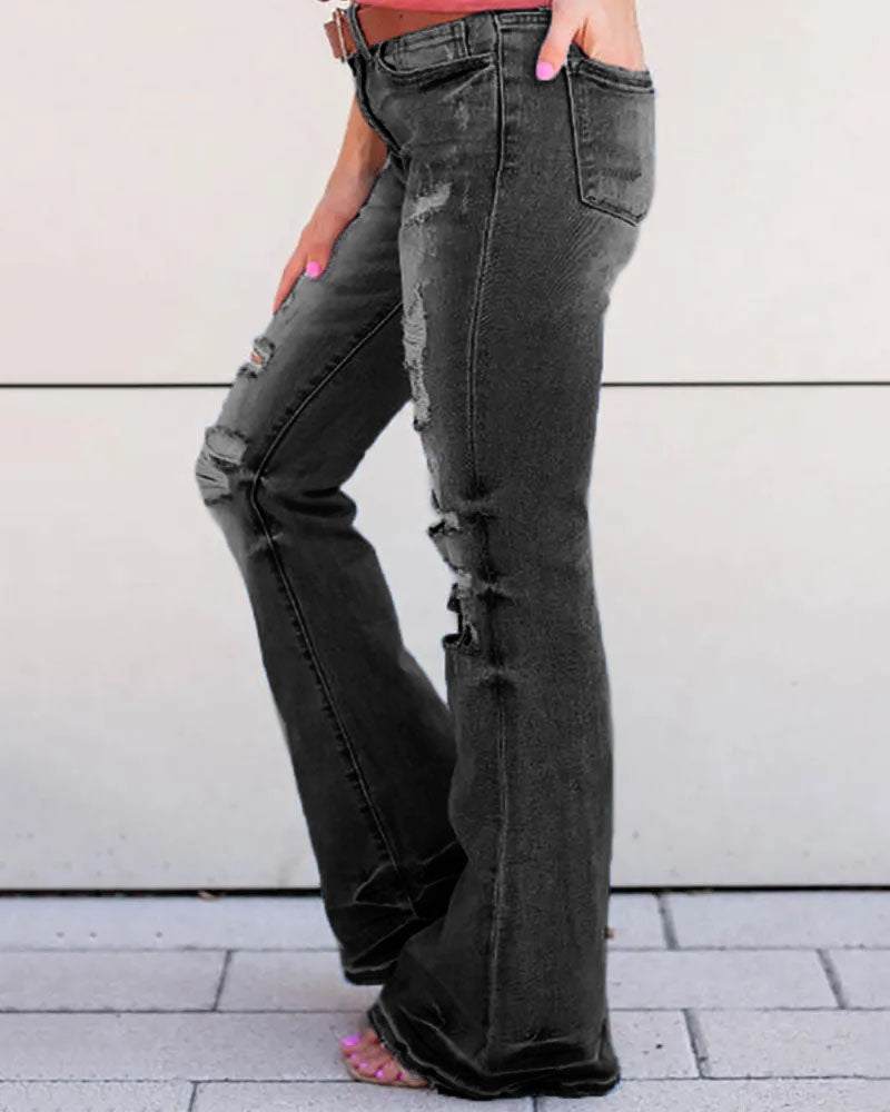 90s Vintage Ripped Mid Waist Flare Jeans