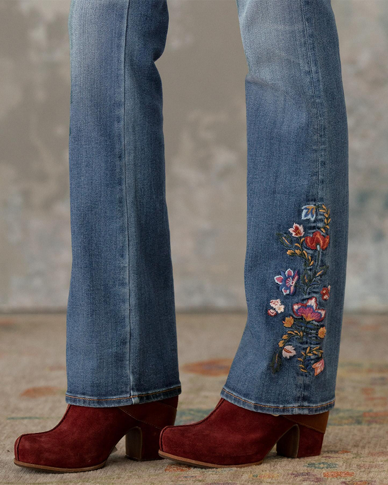 90s Vintage Floral Embroidery Side Straight Leg Jeans