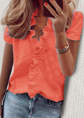 Floucing V Neck Short Sleeve Blouse