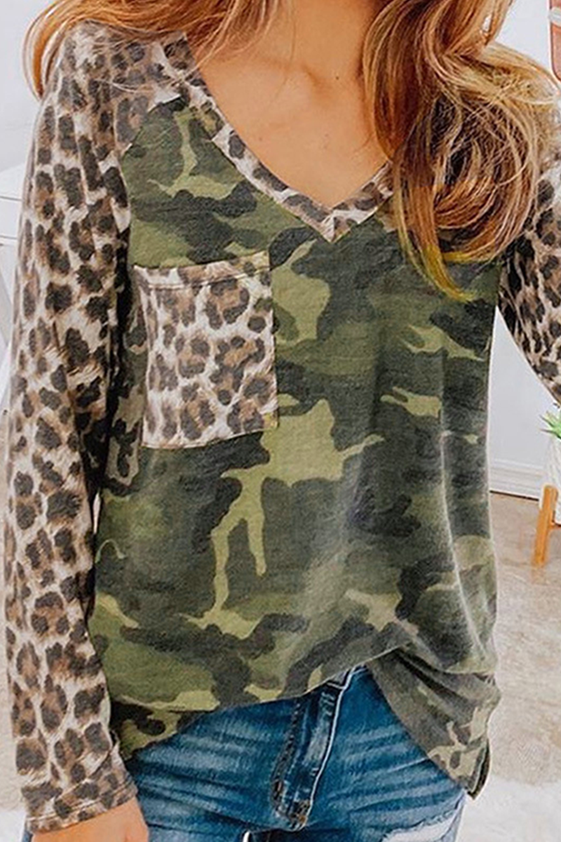 Casual Leopard Camouflage Print Split Joint Pocket V Neck Tops