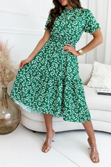 Casual Print Flounce O Neck Cake Skirt Dresses