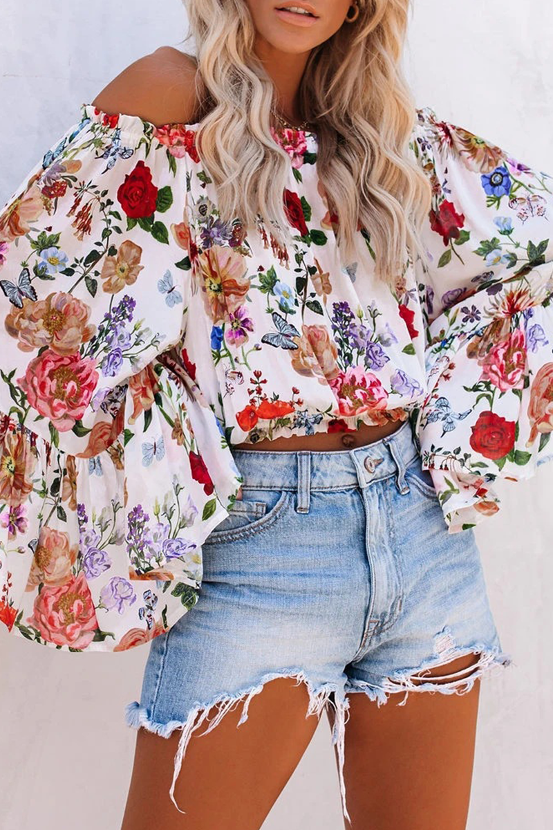 Casual Print Patchwork Off the Shoulder Tops