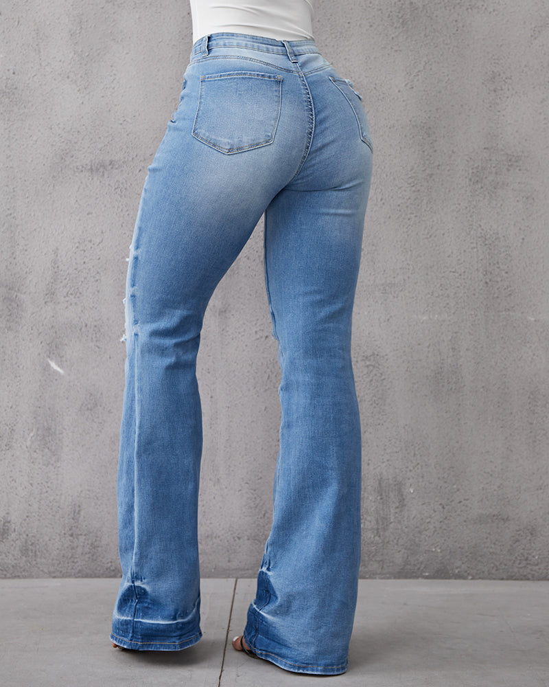 90s Vintage Ripped Mid Waist Flare Jeans