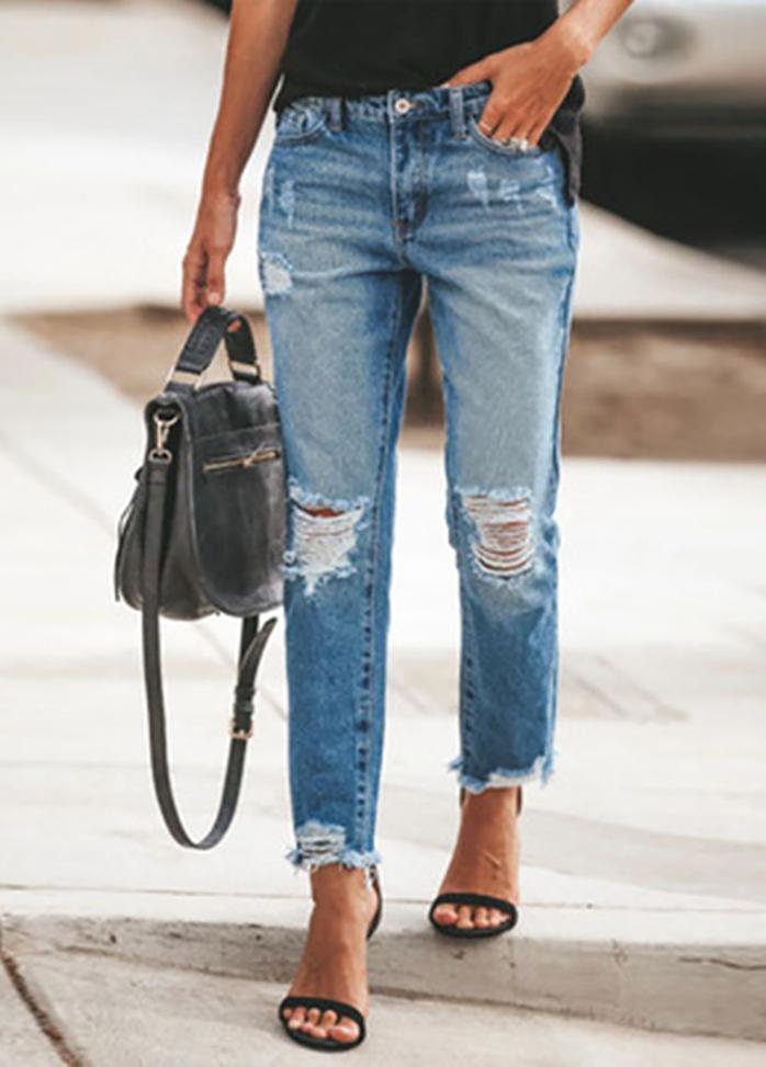 Blue Casual Ripped Skinny Long Jeans