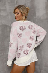 Crew Neck Heart Graphic Long Sleeve Sweater Top