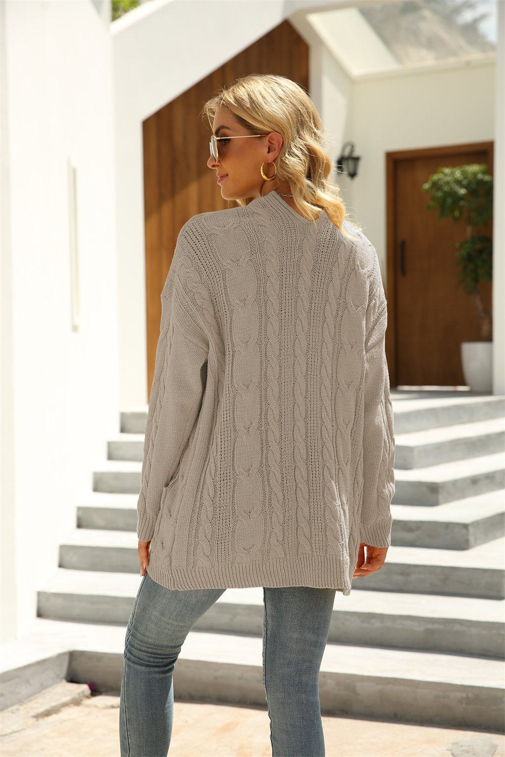 Long Sleeve Open Front Button Down Cable Knit Sweater Cardigan