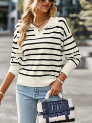 Bend Down Collar V Neck Lined Long Sleeve Top