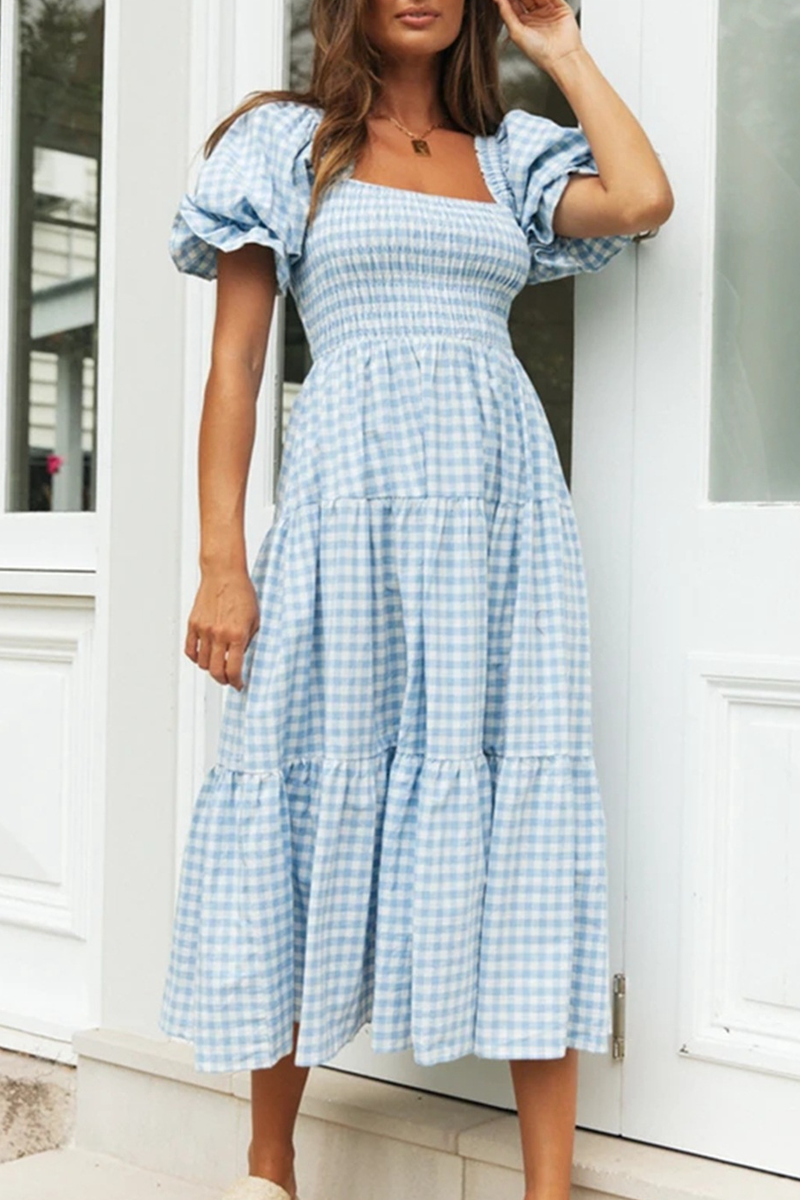 A Loving Endeavor Plaid Puff Sleeve Midi Dress