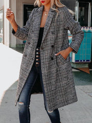 Big Notch Lapel Collar Wool Blend Plaid Long Peacoat Trench Coat