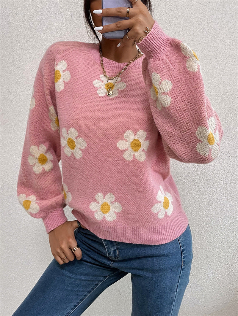 Floral Round Neck Solid Color Sweatshirt