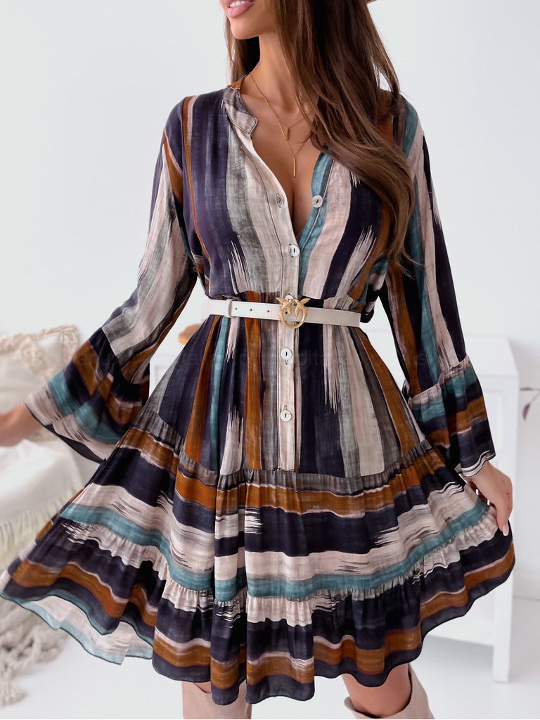 Belted Button Up V Neck Long Sleeve Wrap Mini Dress