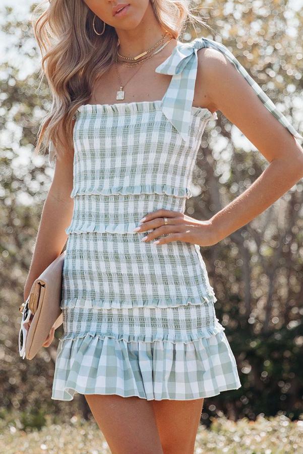 Beautiful Mistake Smocked Gingham Tie Strap Dress