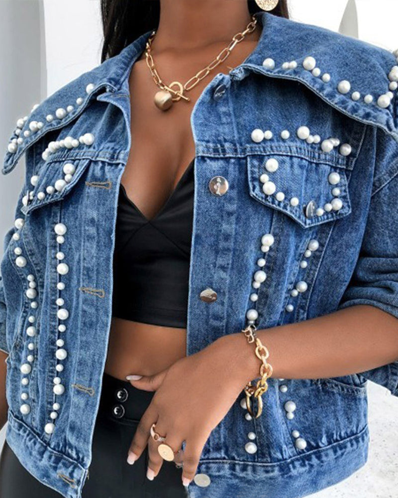 Beaded Single Breasted Sailor Collar Denim Jacket