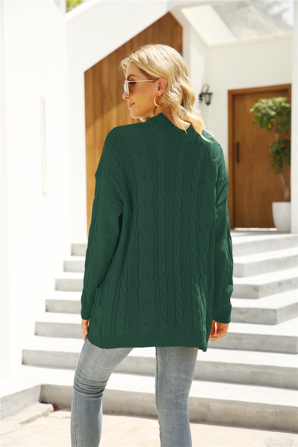 Long Sleeve Open Front Button Down Cable Knit Sweater Cardigan